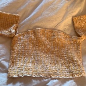 YELLOW RIBBED OFF THE SHOULDER CROP TOP